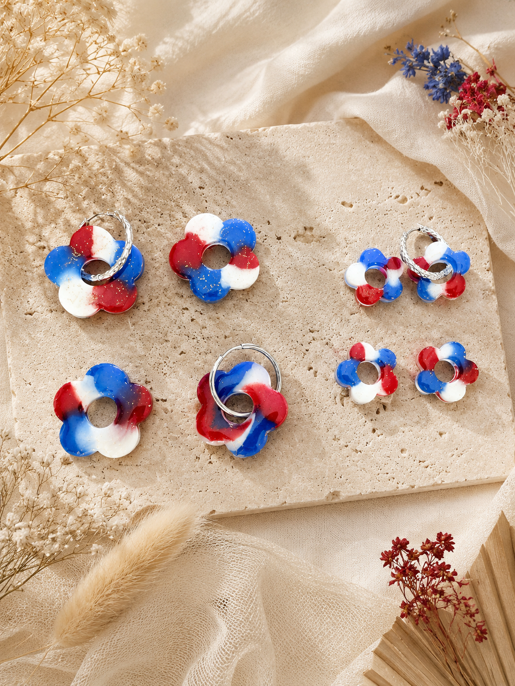 Boucles d'oreilles fleurs tricolores